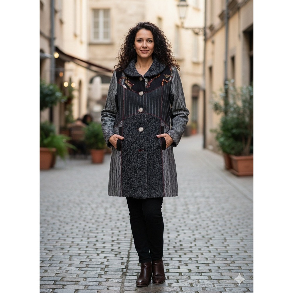 Paparazzi by Biz Patchwork Embroidered Collar Coat M Gray Red Black‎